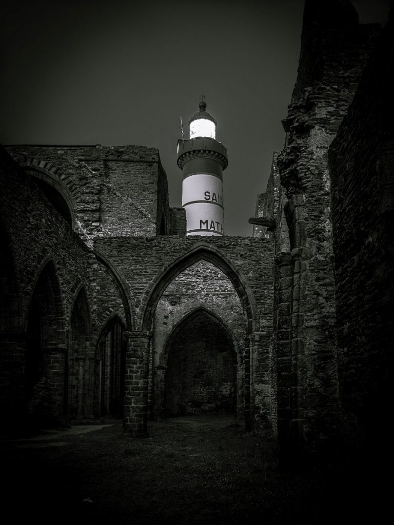 Bretagne, phare, Saint Mathieu, abbaye, ruines, nuit,